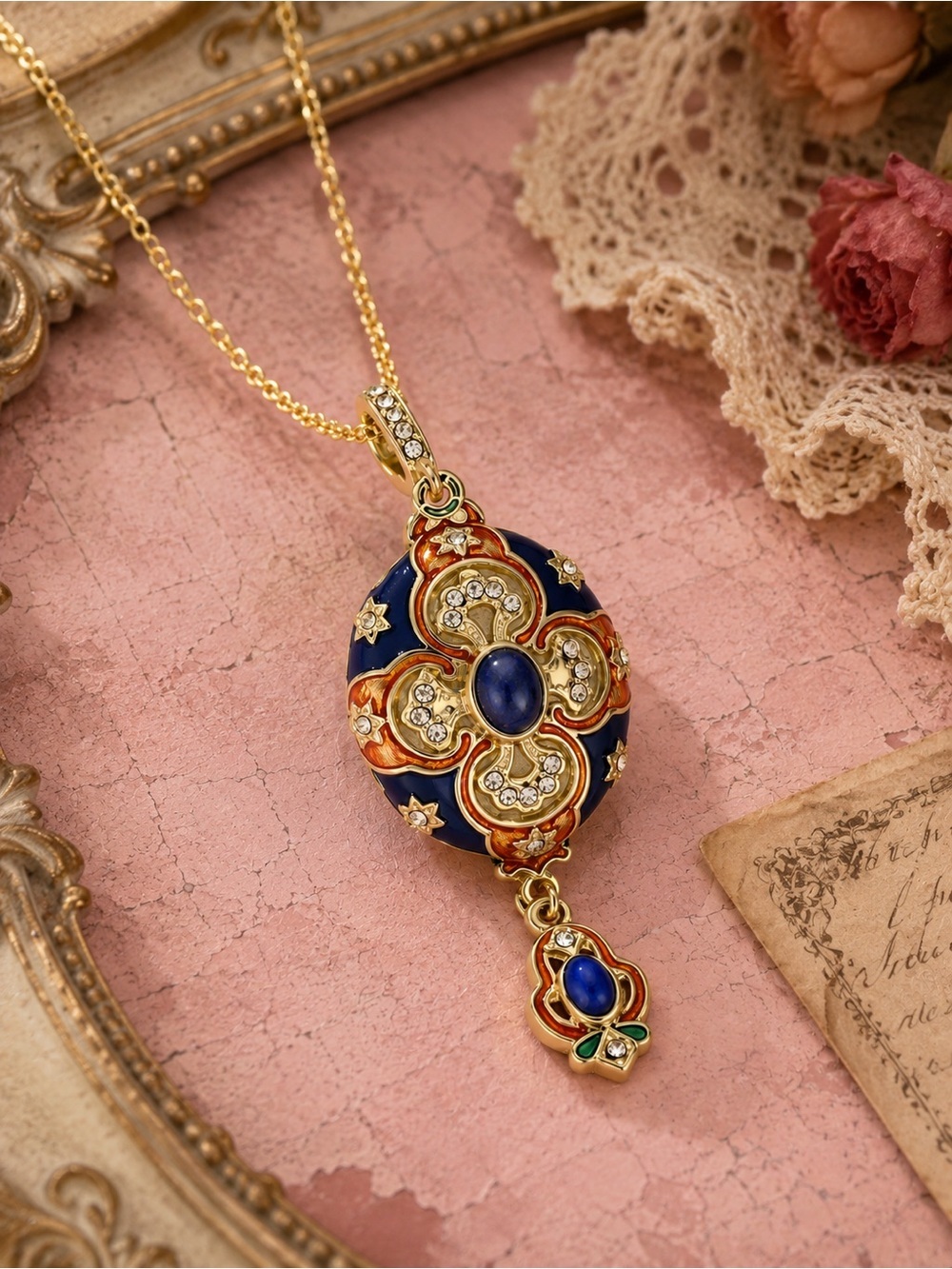 Vintage Ethnic Blue Gemstone Gold Necklace